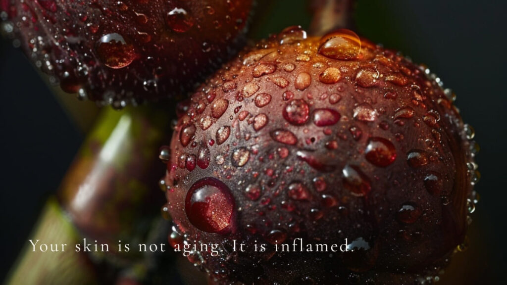 水滴に覆われた赤い実のクローズアップ。「Your skin is not aging. It is inflamed.（あなたの肌は老けているのではない、炎症を起こしているのだ）」という文字と共に、自覚症状のない「慢性炎症（炎症老化）」が老化の真因であることを警告。