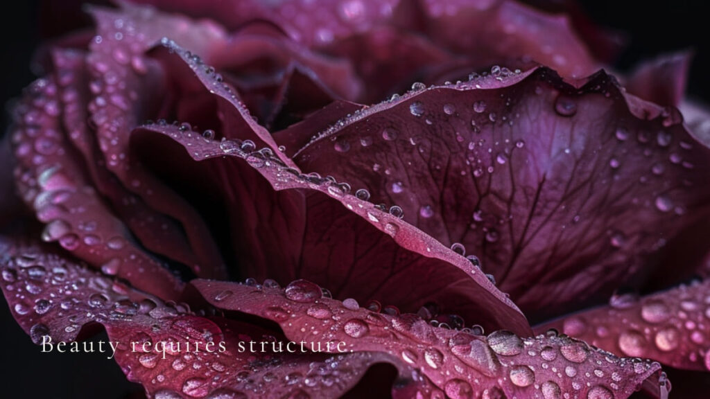 水滴が美しく弾く、紫のバラのクローズアップ。「Beauty requires structure.（美しさには、構造が必要）」という文字と共に、バリア機能（ラメラ構造）が整った肌が持つ、炎症老化に揺るがない理想的な秩序を象徴。