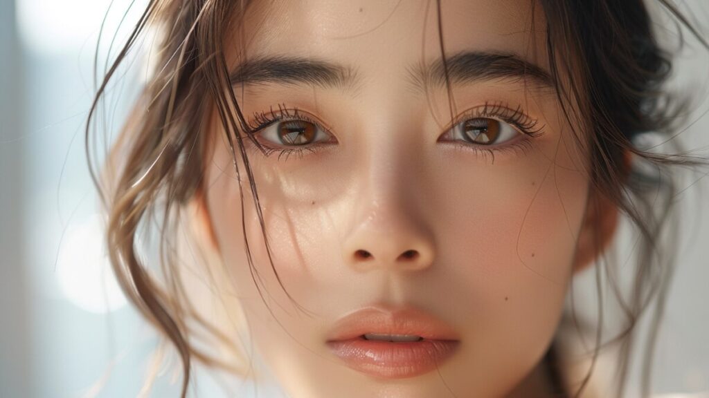 紫外線と肌内部の慢性炎症（炎症老化）によるダメージの違いを考える、健やかで透明感のある女性の顔。皮膚科学に基づくエイジングケアのイメージ。