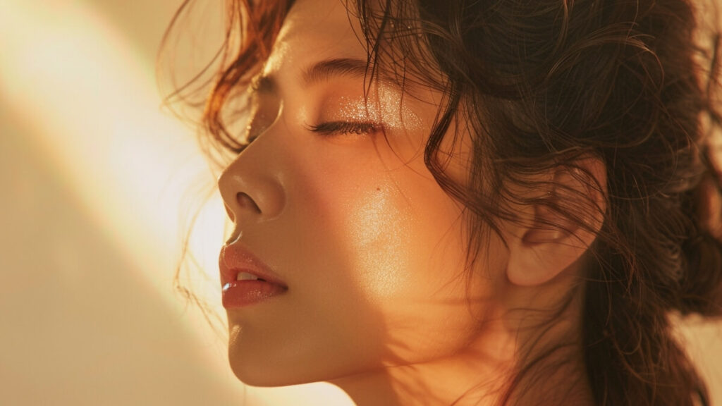 強い日差し（紫外線）を浴びる女性の横顔。肌老化の主要因である「光老化」と、コラーゲン破壊のメカニズムを象徴するイメージ。