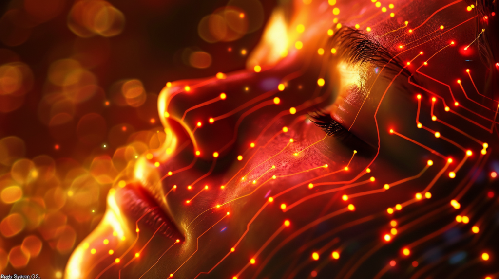 自覚症状のない微弱な慢性炎症（炎症老化）が、肌内部のネットワーク（細胞間）を通じて静かに、けれど確実に伝播し続けている状態を象徴する、皮膚科学的なイメージ図。