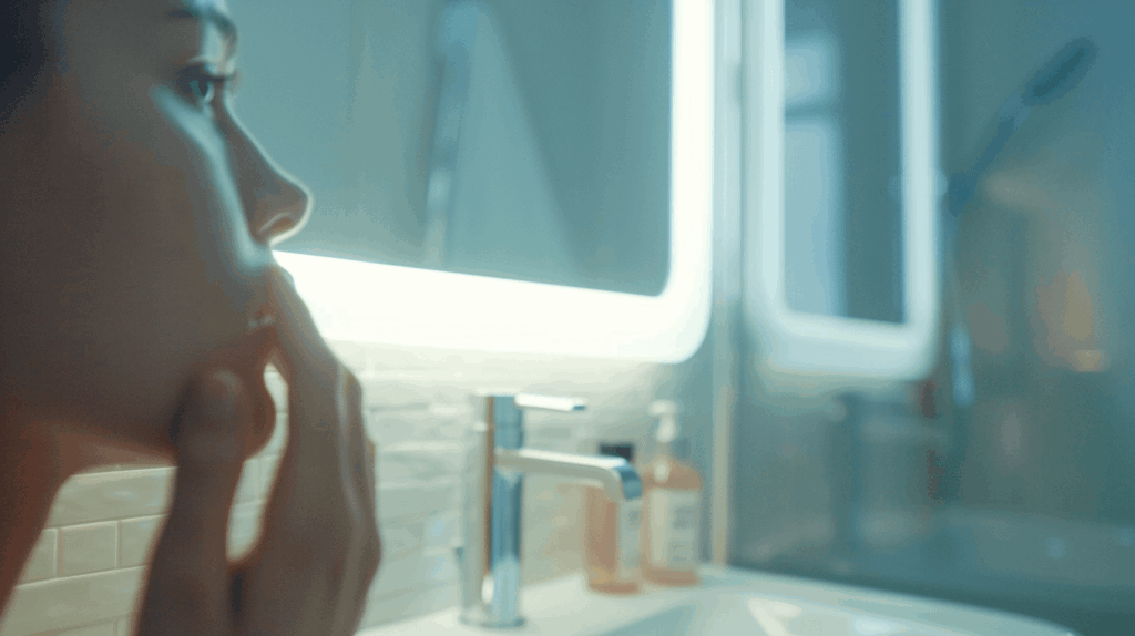洗面台の鏡の前で、洗顔後の自分の肌の状態を確認する女性。冷たく静謐な光の中で、洗いすぎによる乾燥やバリア機能の低下に気づく瞬間のイメージ。