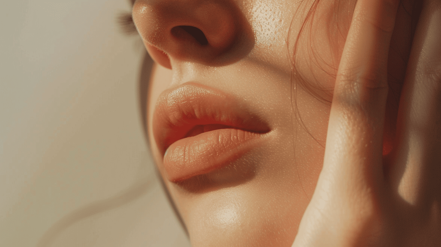sensitive-skin-sos-barrier-function-failure バリア機能が低下し、日常の些細な刺激がすべて肌内部の「熱(炎症老化の火種)」として蓄積されている敏感肌のSOS。何を塗っても効かないと感じる肌のクローズアップ。