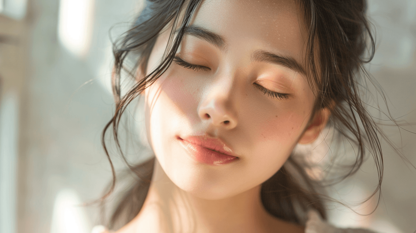 成長ホルモンが分泌され、日中に受けたダメージ（紫外線、乾燥）の修復が行われている睡眠中の肌。炎症老化を鎮める静謐な時間のイメージ。