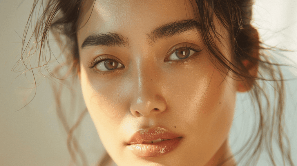 質の高い睡眠と正しいスキンケアによりバリア機能が整い、慢性炎症（炎症老化）が鎮まった、透明感のある現代女性の肌。