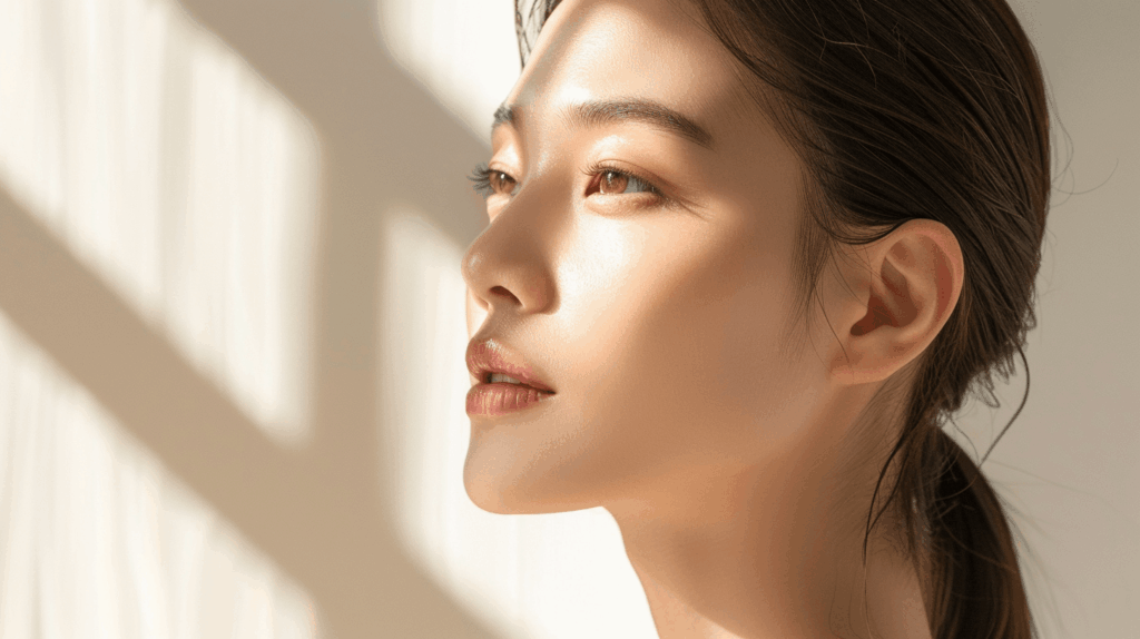 正しいバリアケアと炎症対策によって、内側から澄んだ明るさを取り戻した敏感肌の女性。ラミドラボーテが目指す「整えてから、攻める」エイジングケアの理想的な仕上がり。