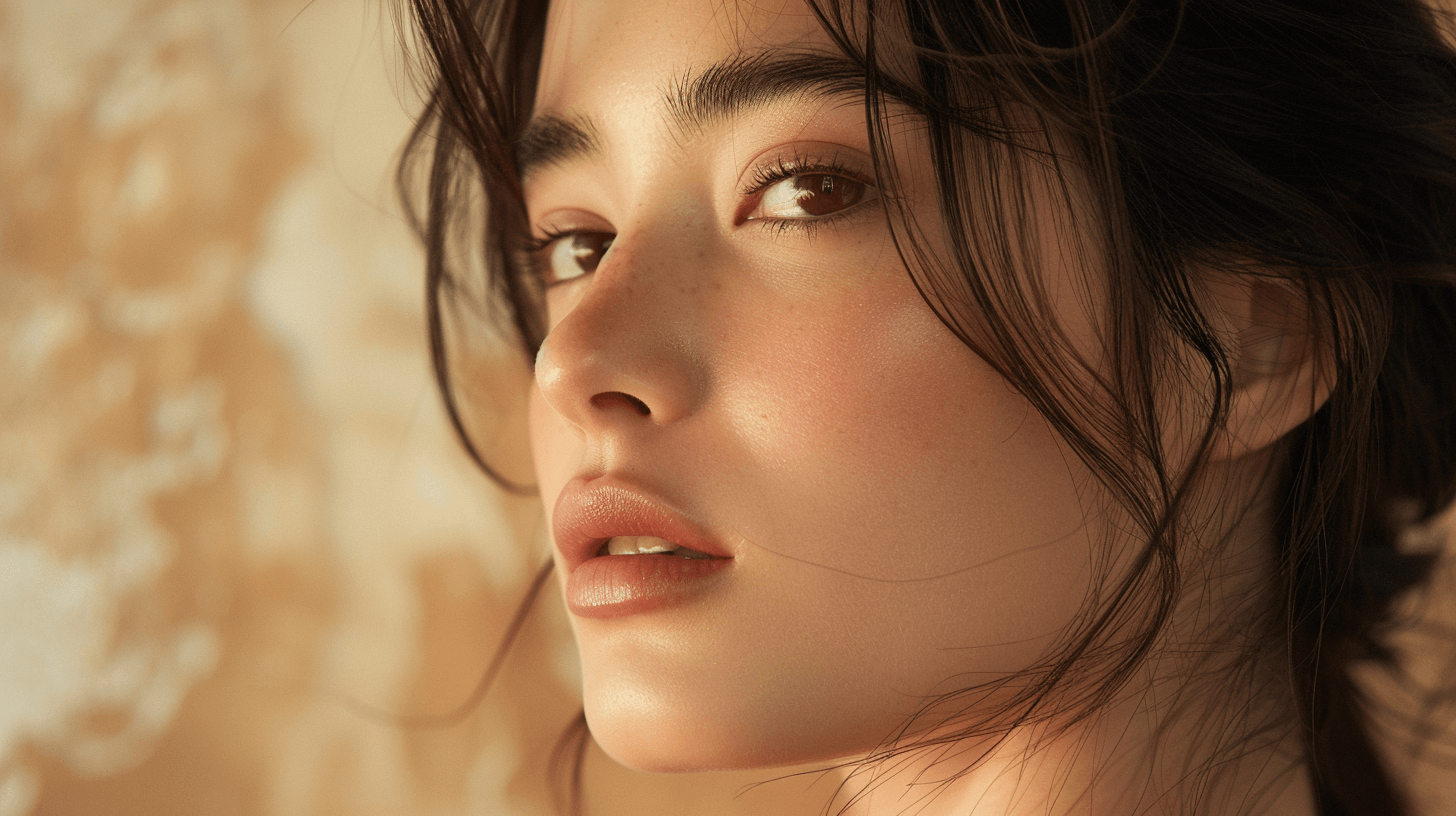 一見落ち着いているように見えても、肌内部でコラーゲン破壊が進む「炎症老化」にさらされている敏感肌のクローズアップ。年齢が出やすい頬や目元のハリ不足のイメージ。