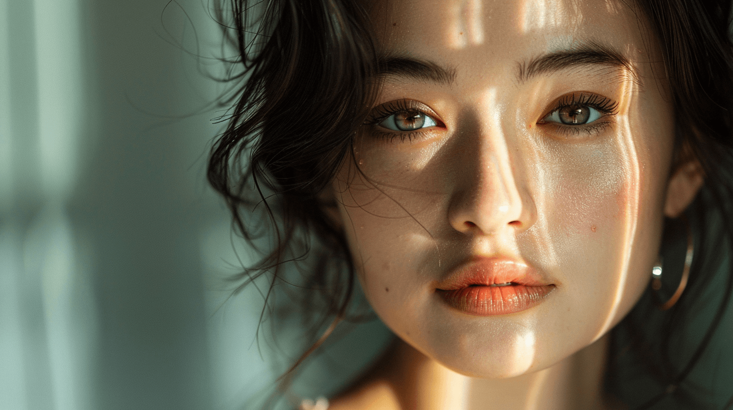 バリア機能が低下し、外部刺激が肌内部へ侵入している状態を象徴する敏感肌の女性。慢性的な微弱炎症（炎症老化）が始まるサインを表現。