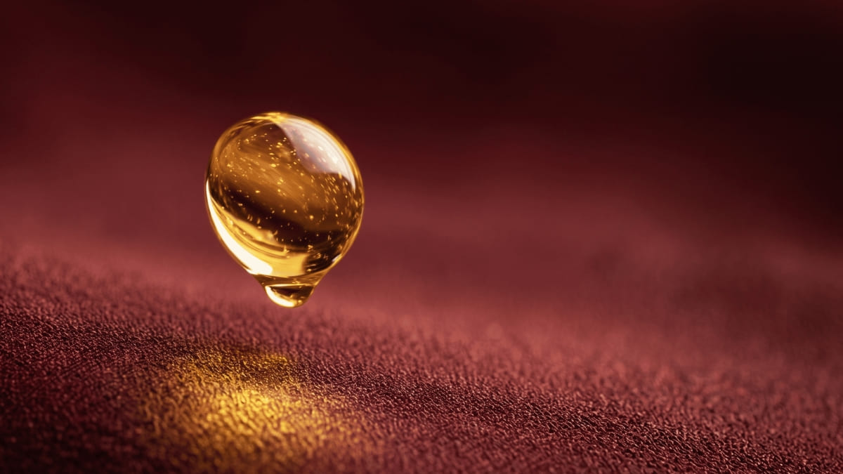 深紅のシルクの上で輝く、黄金の美容液ドロップ。ラミドラボーテが厳選した進化型ペプチドや5種のヒト型セラミドが、肌内部の慢性炎症（炎症老化）にアプローチし、バリア機能を立て直すイメージ。