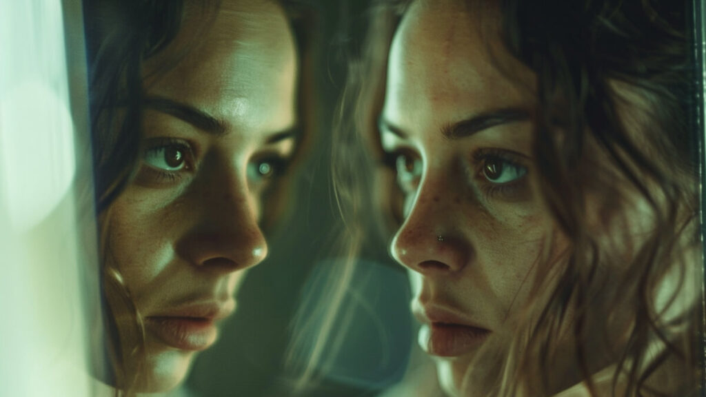 ガラス越しに老けていくことに不安を感じる女性