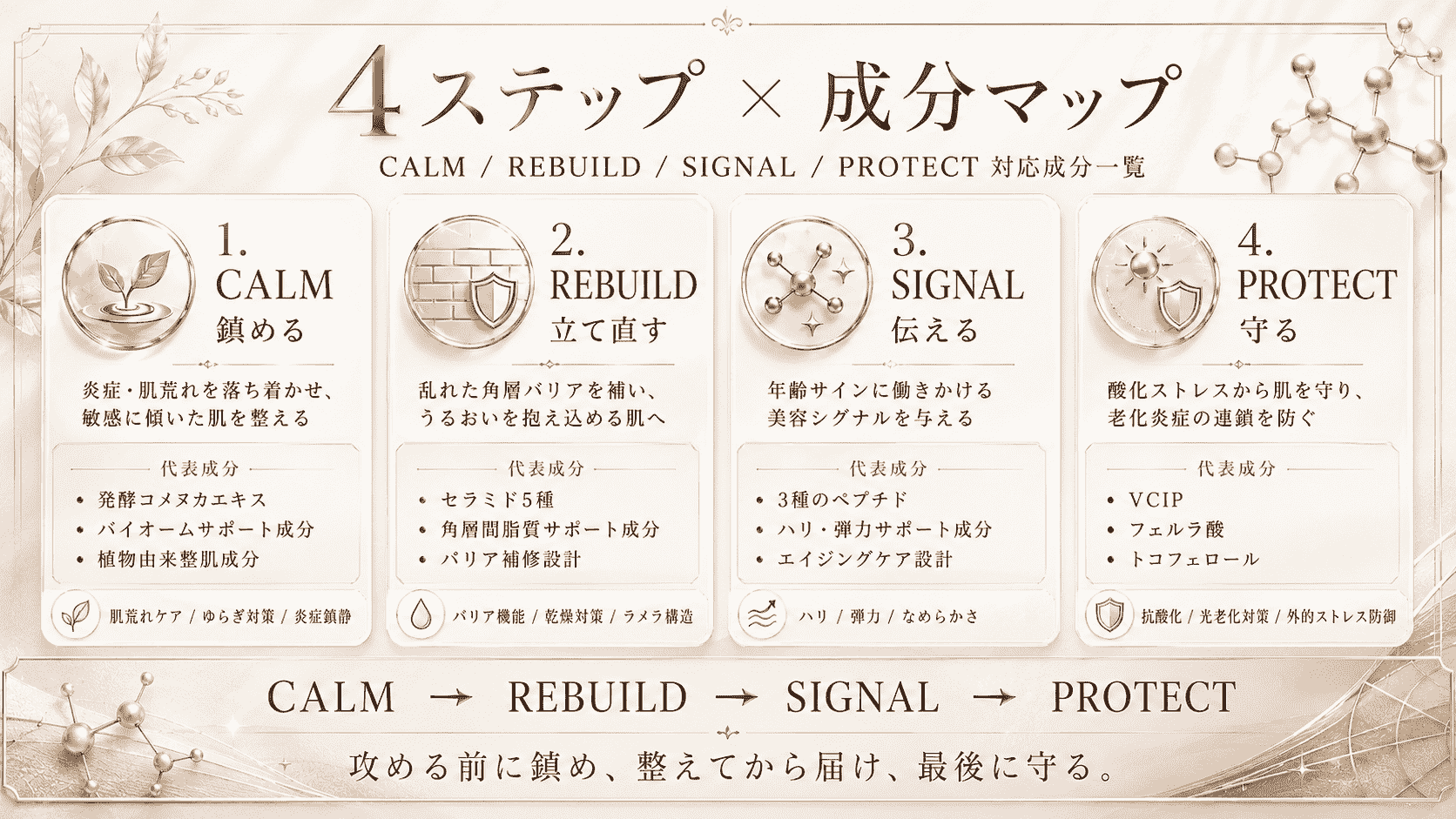 CALM・REBUILD・SIGNAL・PROTECTの4ステップに対応する成分をまとめた高級感のある成分マップ図