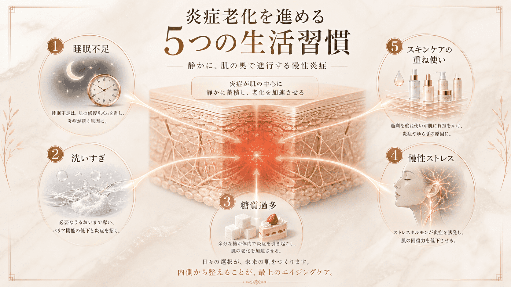 睡眠不足・洗いすぎ・糖質過多・慢性ストレス・スキンケアの重ね使いが炎症老化を進めることを示した高級感のある図解