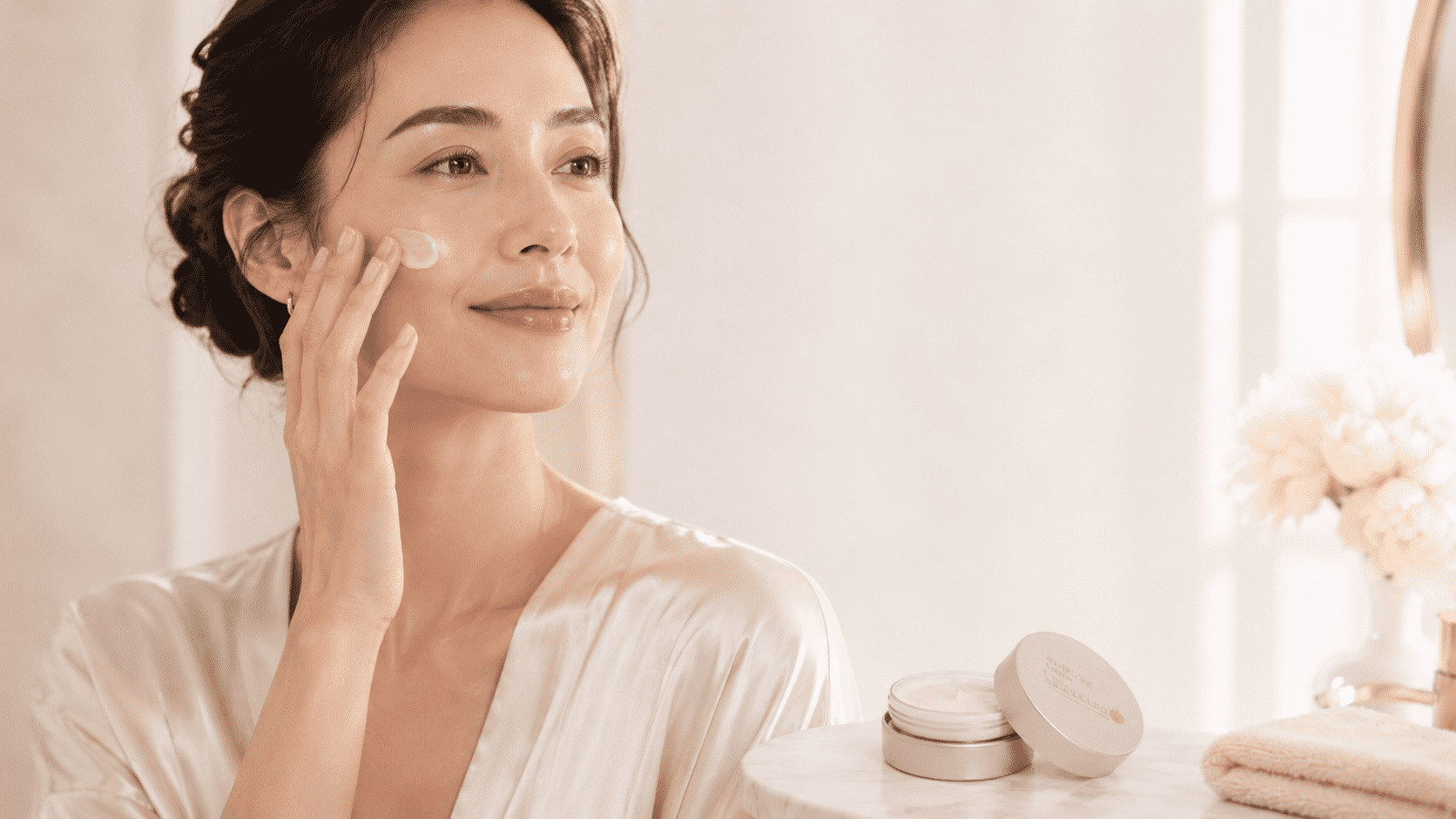inflammaging-skincare-4steps-lamidra-beaute.jpg ラミドラボーテのクリームを使ってスキンケアする女性のイメージ