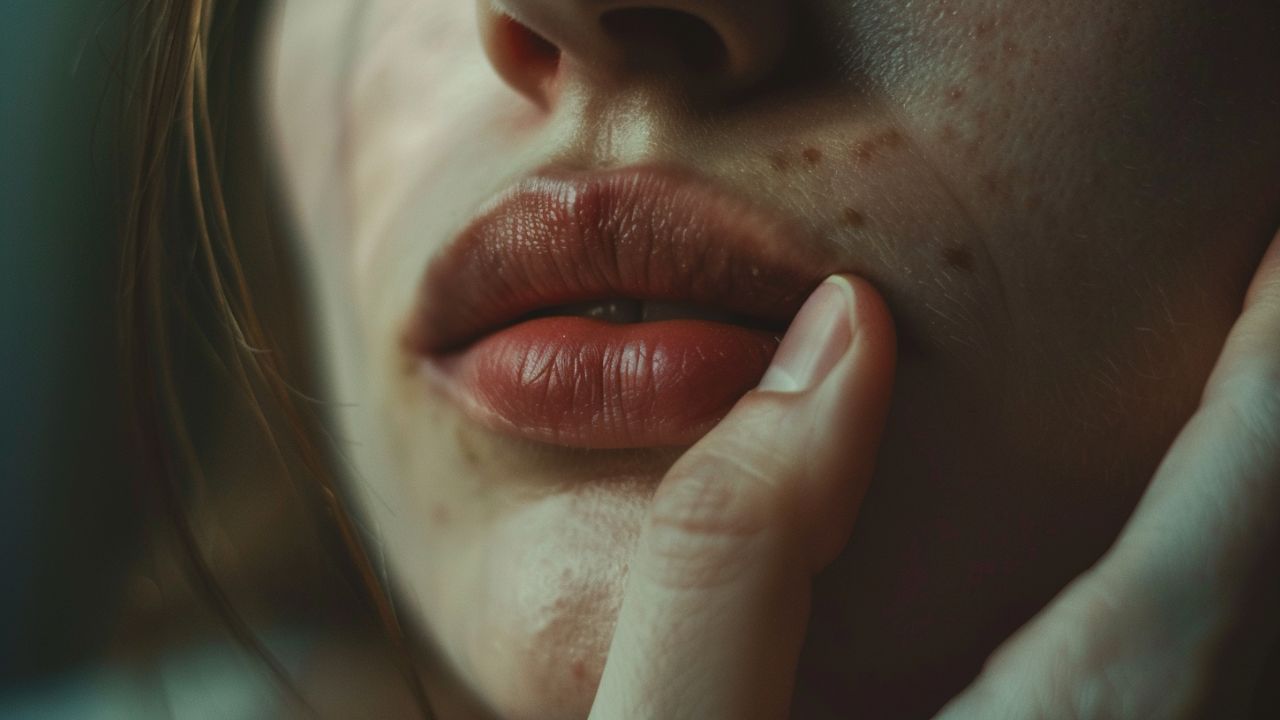 口元や頬の肌のざらつき、シミ、凹凸を指で確かめる女性のクローズアップ。隠しきれないエイジングサインや、手触りの悪さに悩む肌の状態をリアルに表現したイメージ画像